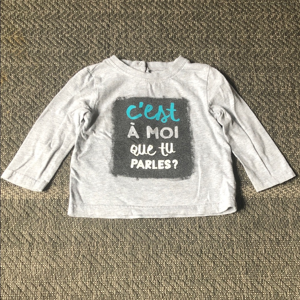 Toddler Long-Sleeve Top with French Graphic in Light Gray & Teal